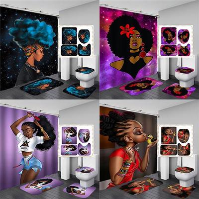 4PCS Full Set Bathroom Curtain Set Elegant African Black Woman Shower Curtain Hooks Modern Bath Mat Toilet Lid Cover Anti-slip Bath Mats