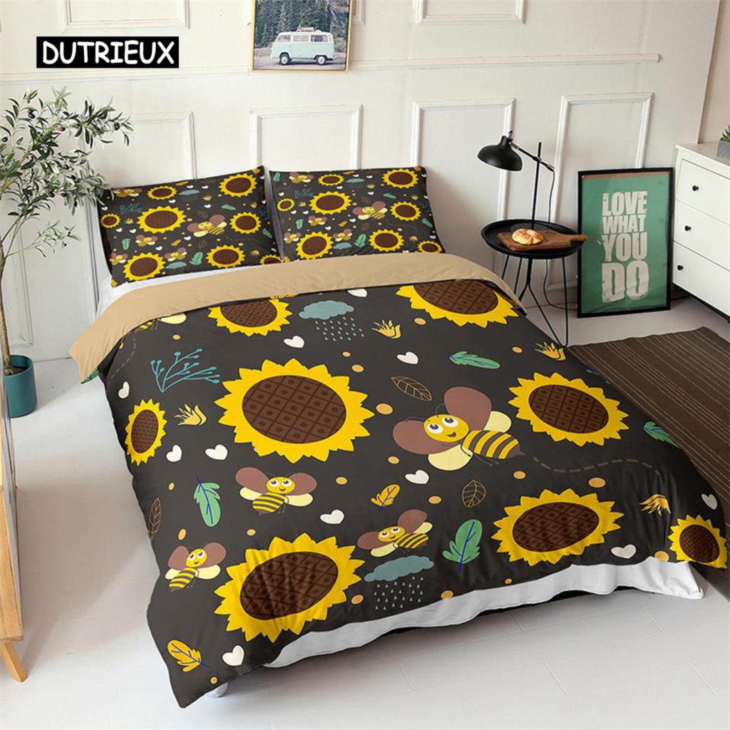 Sunflower Duvet Cover Set Yellow Flower Twin Bedding Set Polyester Black Gold Yellow Sunflowers Print Quilt Cover for Kids Teens