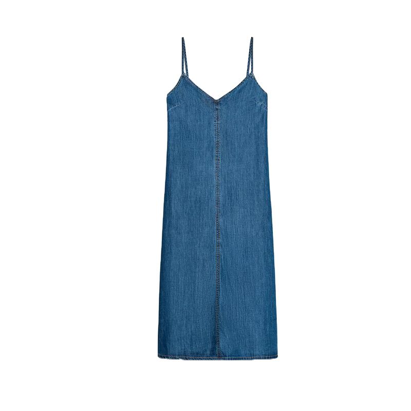 

Summer New Product Women s Clothes French Simplicity Style V Neck Sleeveless Denim Sling Midi Skirt Dress 1416025 Blue L