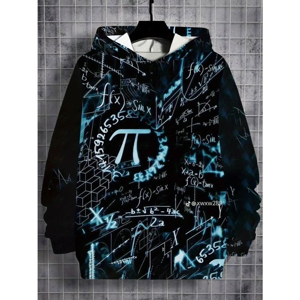 High quality 3D printed hoodie for boys, made of durable polyester fiber material and designed with black mathematical patterns