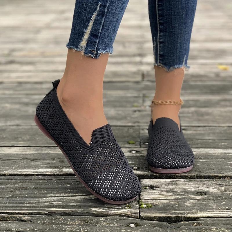 Loafers Autumn Casual Shoes Women Flat Heel Square Toe Hollow-out Sneakers Barefoot Shoe Moccasin Female Knitted 2024 New Work