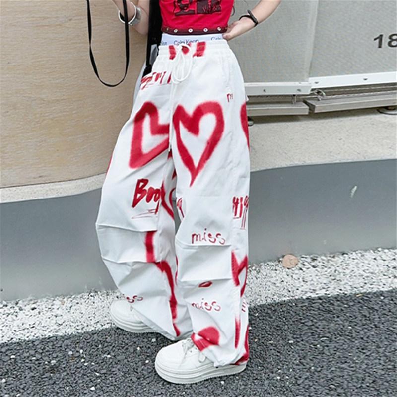 Dětské Hip Hop Módní Kalhoty na Stahování s Potiskem pro Dospívající Dívky Cool Y2K Streetwear Kalhoty se Srdcem Graffiti 5-14 let