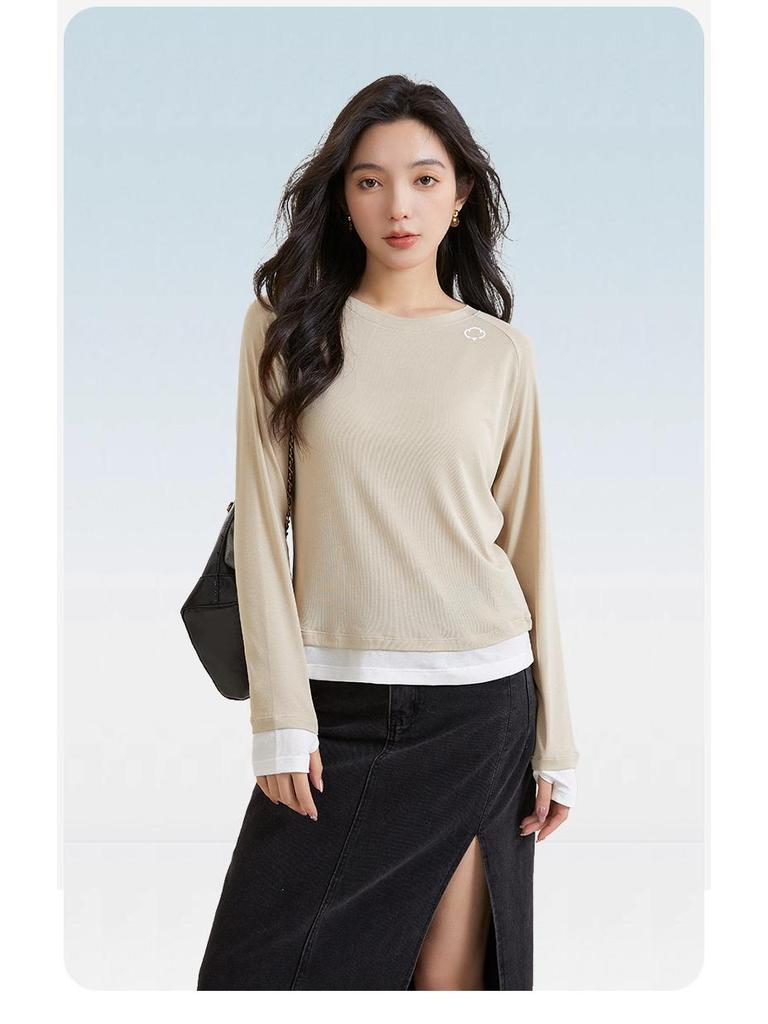 Dámské průsvitné tričko s dlouhým rukávem z lyocellu a lnu slim-fit s designem falešného dvoudílného vzhledu