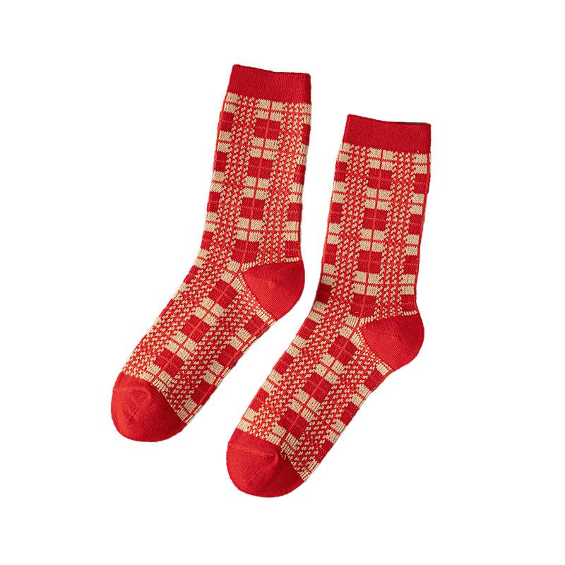Mid-calf Socks, Red Socks, Wedding, Autumn and Winter Vintage Cotton Pile Socks, Breathable