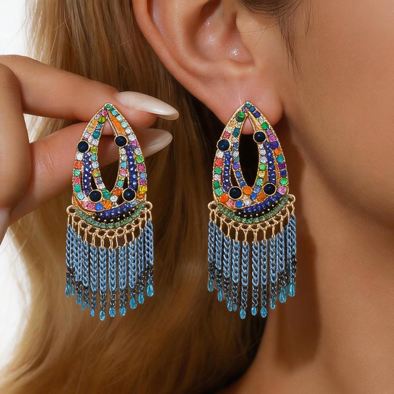Silver Needle Ethnic Rhinestone Tassel Light Luxury Stud Earrings - Unique Niche Fashion Accessory