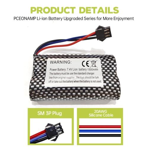 2PCS 1500mAh SM-3P Plug Lithium Battery with USB Charging Cable Compatible with DE43, DE60, RC Remote Control Car Batteries, 1575, and Toy Car Battery