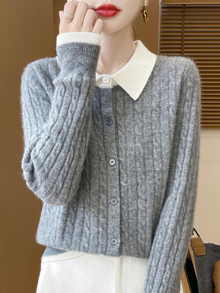 Women's Autumn Knitted Wool Cardigan with Doll Collar – High-End Fashion Sweater Coat