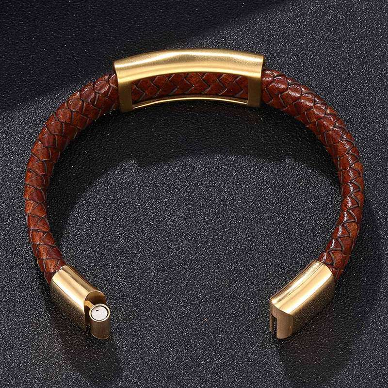 Vintage Men Bracelet Brown Leather Bracelet Gold Color Stainless Steel Buckle Bracelet Fashion Jewelry Gift