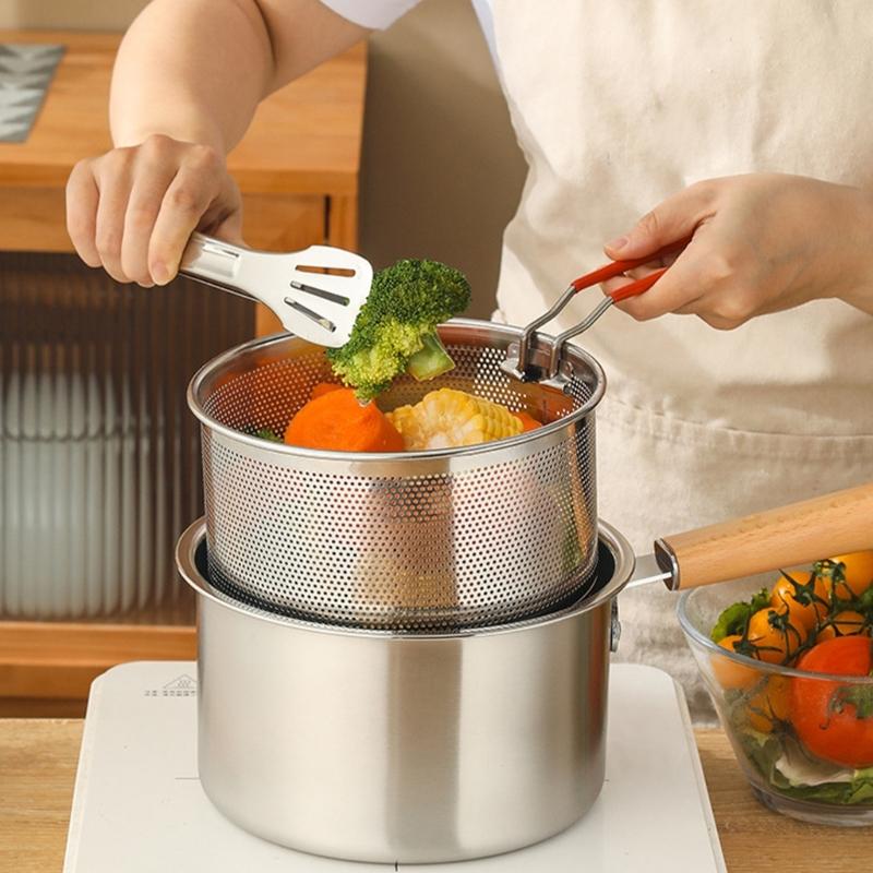 Professional Kitchen Fryers Set with Lid Strainer Basket and Cooking Tongs Wood Handle for Heat Protections Home Use