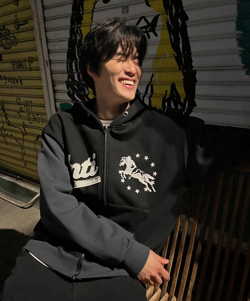 Untitled Seoul Combination Unicorn Varsity Emblem Zip-Up Hoodie Black