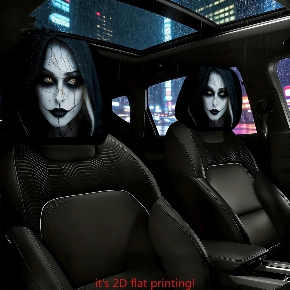 2 Stuks Spook Auto Hoofdsteunhoezen 2D Stretch Nekkussenhoes Donkere Stijl Hoofdsteunhoezen Universele Pasvorm