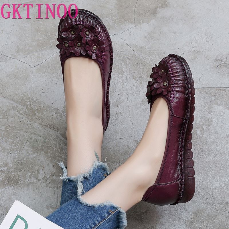 Fashion GKTINOO Women Loafers Genuine Leather Flat Heels Flower Round Toe Soft Solid Shoes Platform Ladies Shoes Zapatos De Mujer