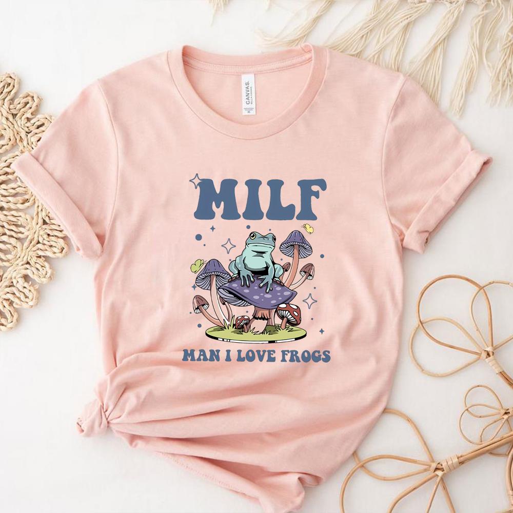 Unisex Retro Frog TShirt Funny Froggy Shirts Frog Lover Shirt MILF Unisex I Love Frogs Graphic Shirt Summer Trendy Casual Tops