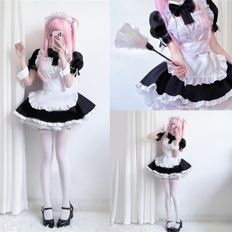 Anime Maid Costume Set Anime Maid Apron Maid Dress, Maid Headpieces, and Maid Bowtie Halloween Cosplay Costume