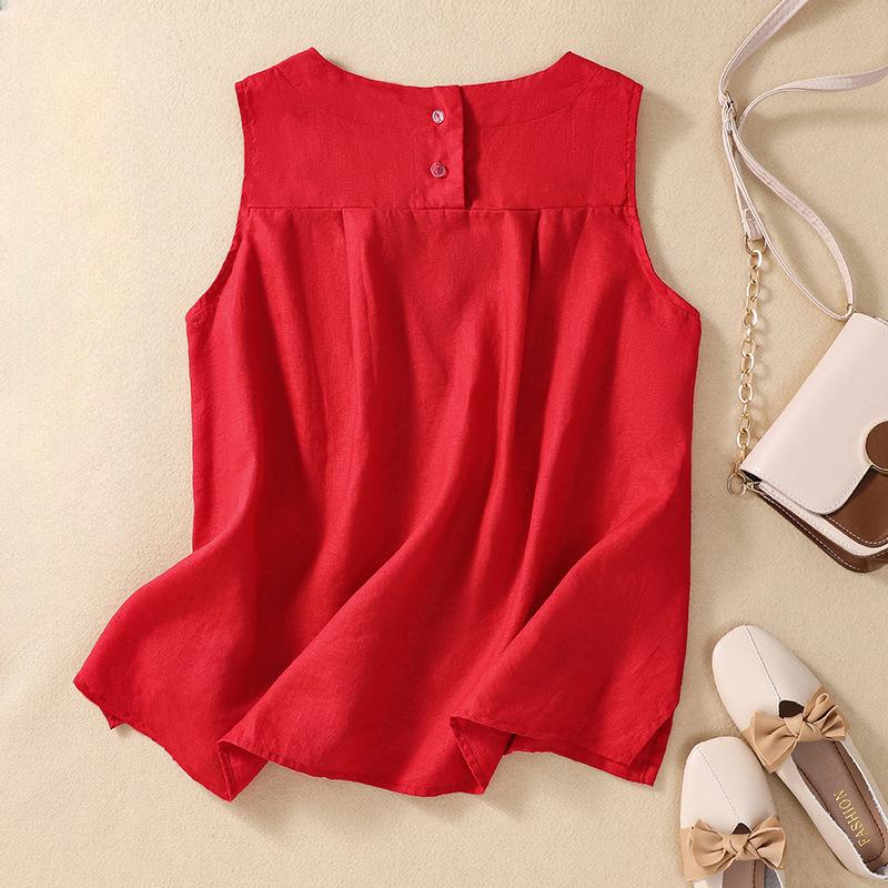 Summer Literature Loose Solid Color Cotton Linen Round Neck Sleeveless T-shirt for Women's Vest Top