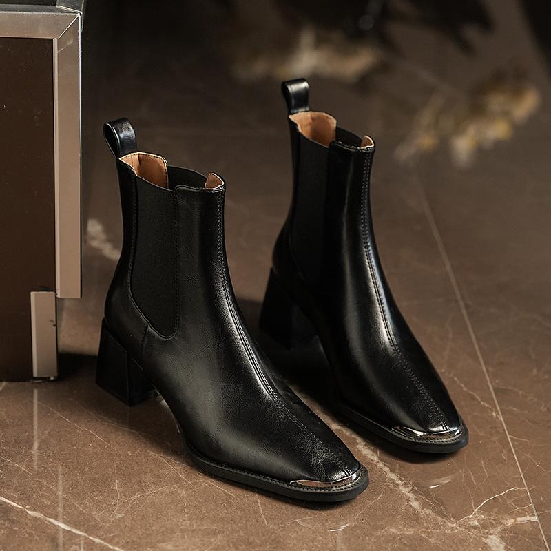 

Женские ботильоны челси в британском стиле, красно-коричневые, с квадратным носком и массивным каблуком, мотоциклетные - облегающие, осенняя коллекция Size 36 чёрный