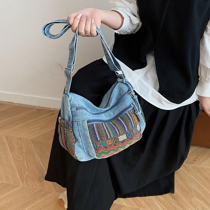 Simple Women’S Denim Shoulder Bag Ladies Small Multi-Pocket Zipper Closure Stylish For Daily Use Shopping Travel