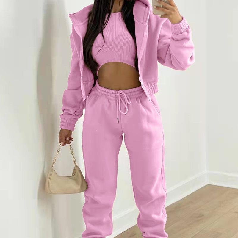 Ensemble de sport trois pièces pour femme Coupe ample Veste à capuche manches longues Pantalon jogger taille haute à cordon de serrage Automne Hip Hop Doublé polaire