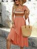 Women Casual Color Block Off Shoulder Embroidered Midi A Line Sleeveless Dress