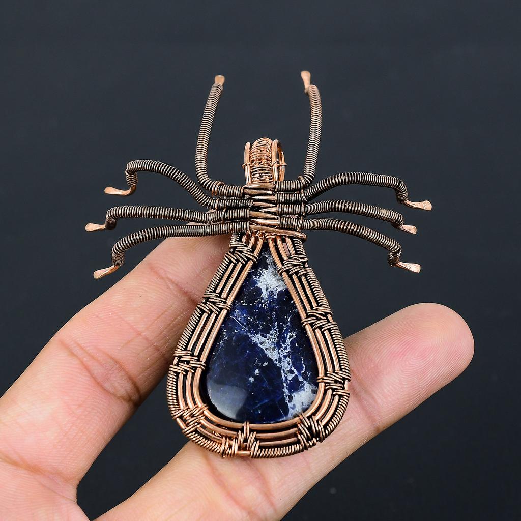Natural Sodalite Gemstone Handmade Copper Wire Wrap Spider Pendant 2.56" N4A60