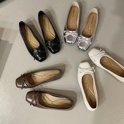 Spring French Retro Bow Shallow Mouth Versatile Single Shoes Women's New Flat Bottom Square Head Beanie Shoes