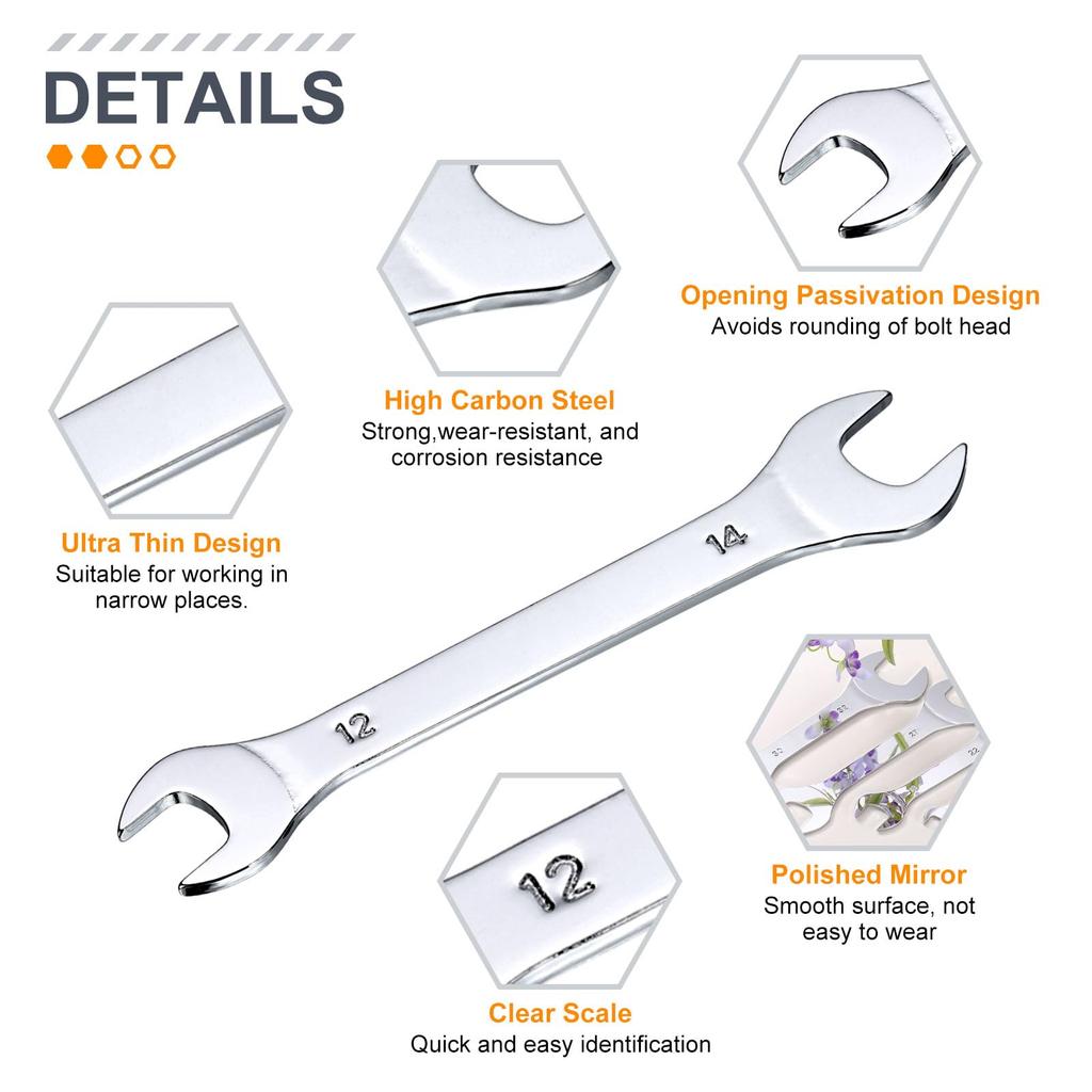 Uxcell Set of Double Thin 12x14mm Metric Super Slim Small Flat Head Mirror for Automotive Repair and Furniture Assembly 3-Piece Open-End Wrenches,