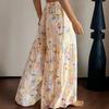 Women Trousers Elastic Waist Floral Print Splicing Design Wide Leg Long Trouser with Pockets Travel Work School Daily