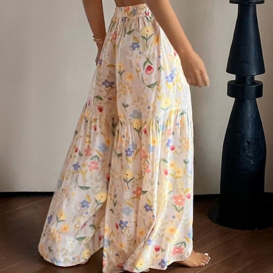Women Trousers Elastic Waist Floral Print Splicing Design Wide Leg Long Trouser with Pockets Travel Work School Daily