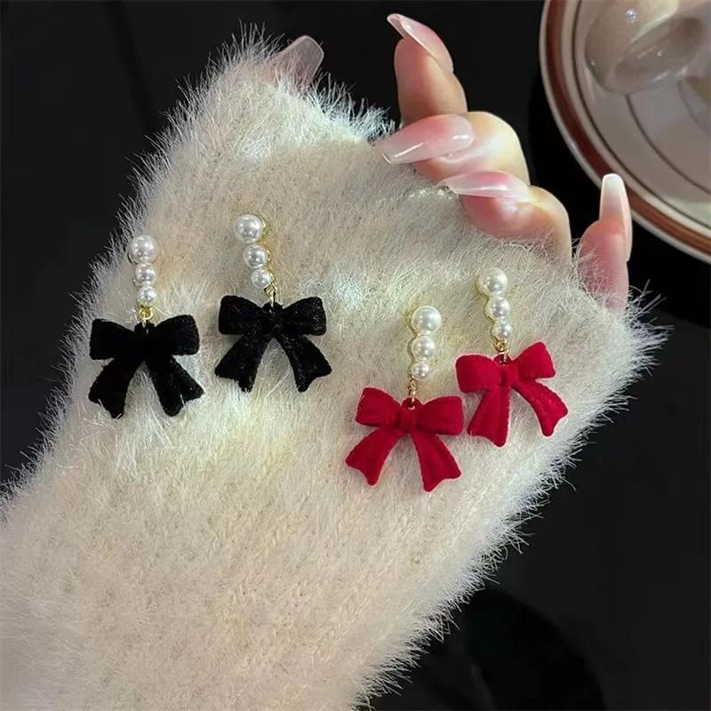 LATS Red Black Bowtie Earrings for Women Girls Simulated Pearl Cloth Bow Tie Earrings Jewelry Ear Accessories Beautiful Gifts