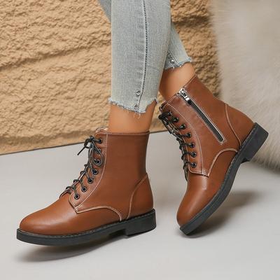 Foreign Trade Solid Color Side Zipper Flat-bottomed Leather Boots Amazon New British Style Lace-up Short Martin Boots Women's Winter