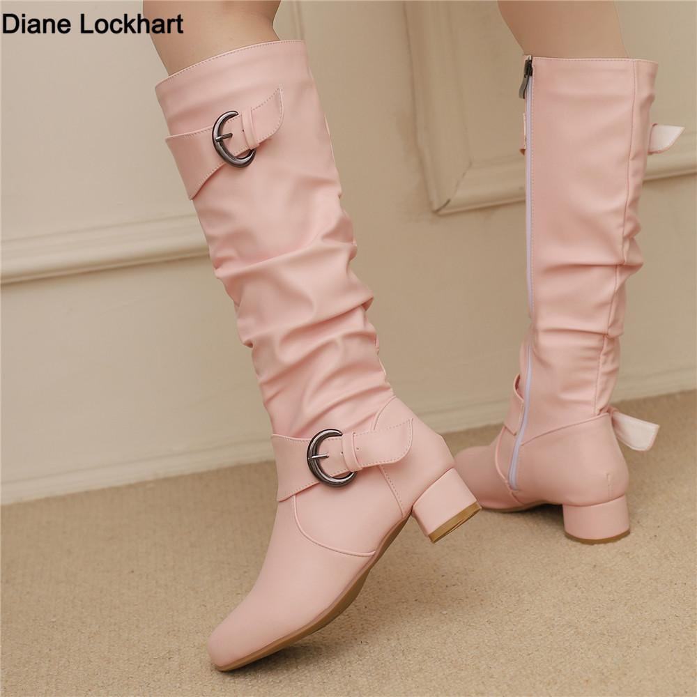 Classic Women Knee High Boots Ankle strap Buckle Round Toe Block Heels Size 34-48 Pleated Fashion Booties Autumn Winter New