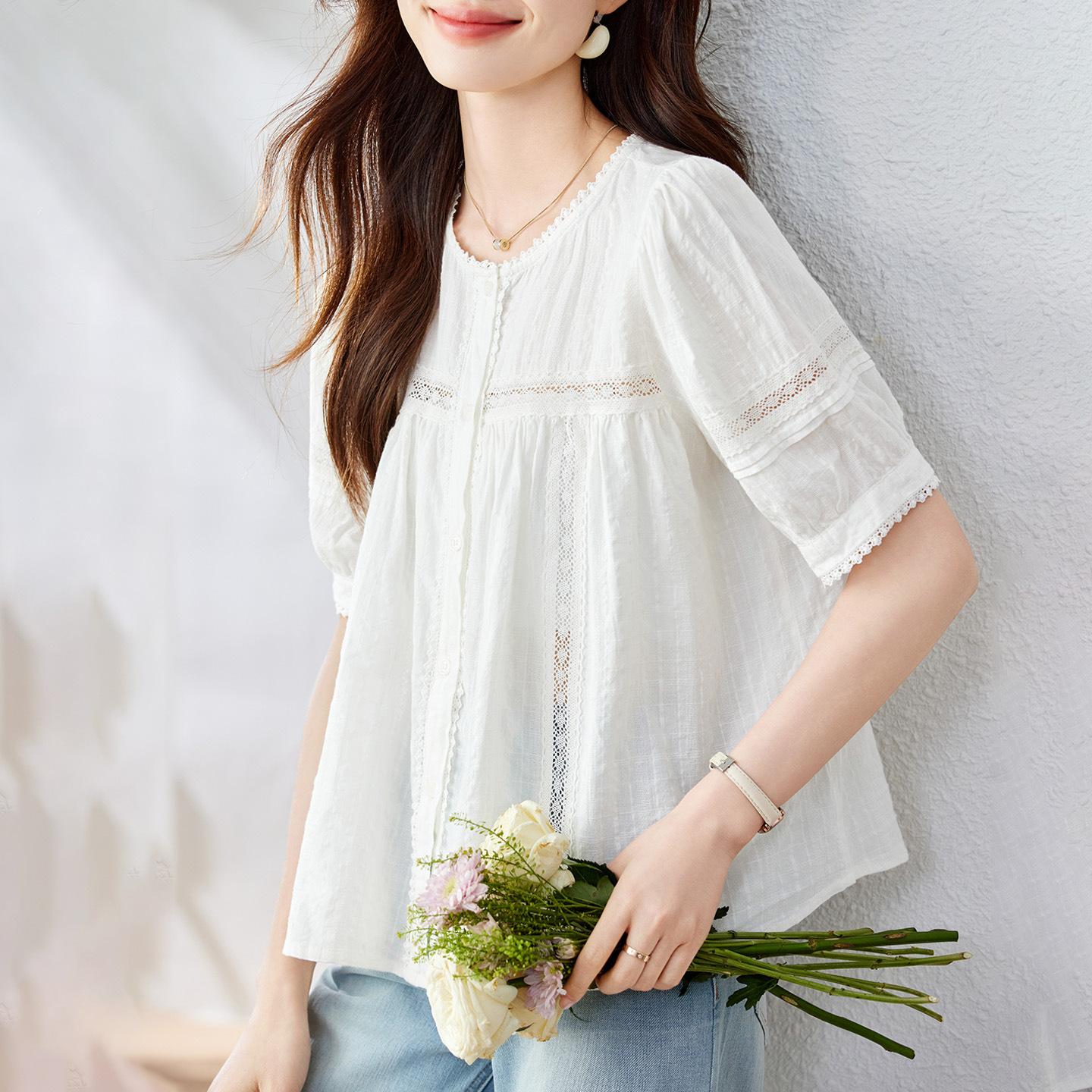 

French Pure Cotton White Shirt for Women Short-sleeved New Small Lace Puff Sleeve Top M