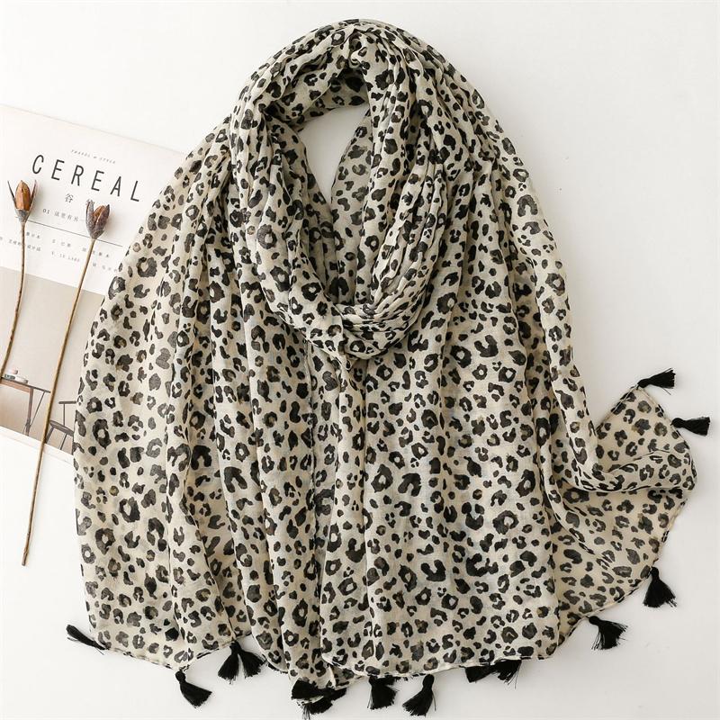 Autumn Women Scarf Cotton Leopard Print Shawl Tassel Summer Sun Protection Muslim Hijab Viscose Wrap Headscarf 90*180cm