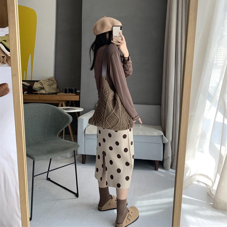 Pencil Skirt Women's Fashionable Polka Dot Knitted Midi Skirt High Waist Slim-Fitting Thickened Slit Skirt