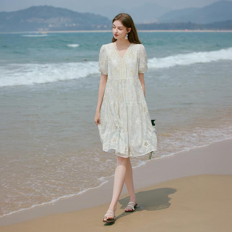 Women's V-Neck Embroidered A-Line Bubble Sleeve Dress