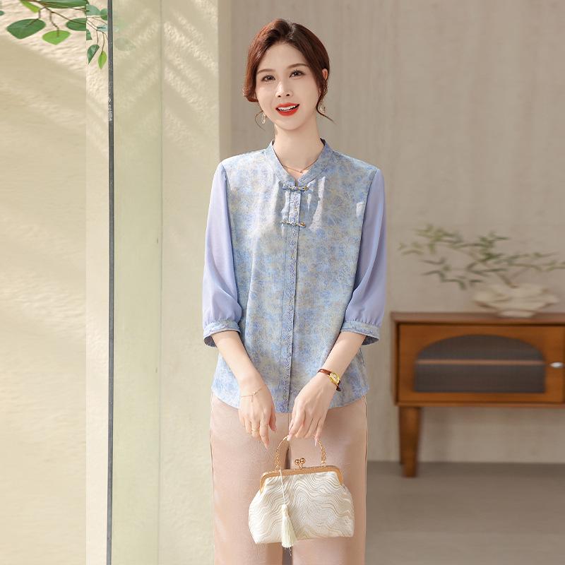 

Mom s Spring Chinese Stand Collar Gauze Sleeve Printed Shirt: Stylish Top for Middle-Aged and Elderly Women 2XL [Recommended for 120-135 Jin]