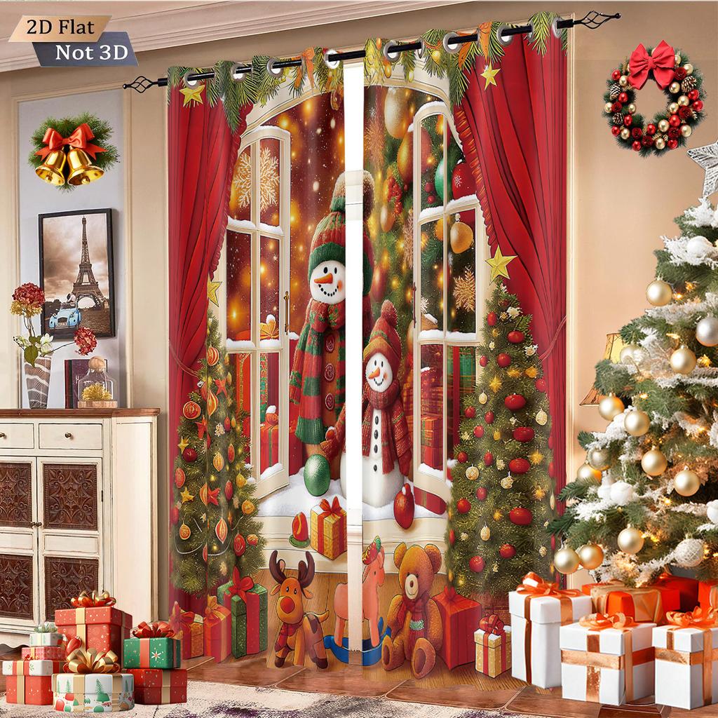 2Pcs Merry Christmas Snowman Print Blackout Curtains In Multiple Sizes Living Room Insulation Holiday Decoration Easy To Install