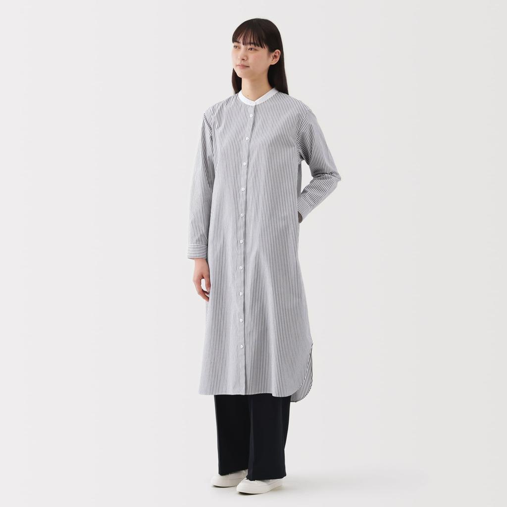 MUJI Women's Washed Broad Stand Collar Long Sleeve Dress, Dark Navy Stripe, Size L, BC2LUA5S