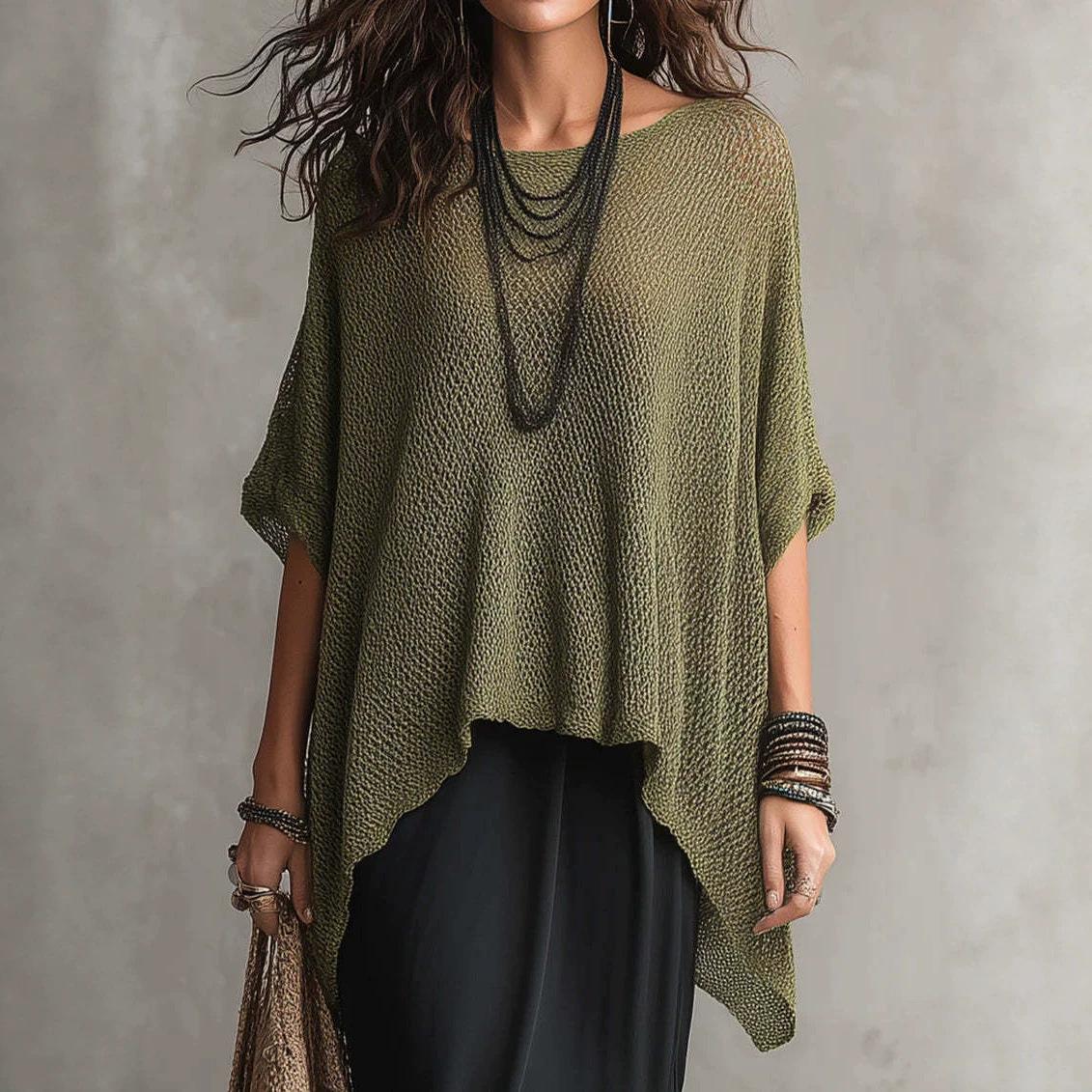 Women V Neck Batwing Sleeve Knitted Top Loose Casual Asymmetric Hem Beach Cover Up Solid Color Summer Blouse S