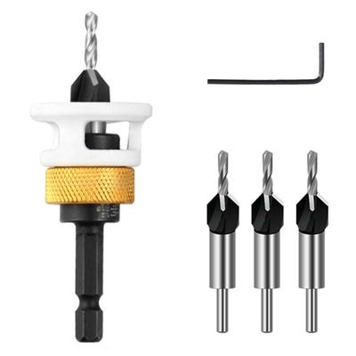 High Speed Woodworking Countersink Drill Bit Set, 6542 Steel Four Flute Cone with Adjustable Depth Stop for Woodworkers