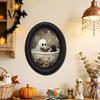 Waterproof Wooden Hanging Sign Halloween Gothic Oval Plaque, Vintage Framed Black Cat Little Easy Install Adhesive Wall Ghost Sign, Double-Sided
