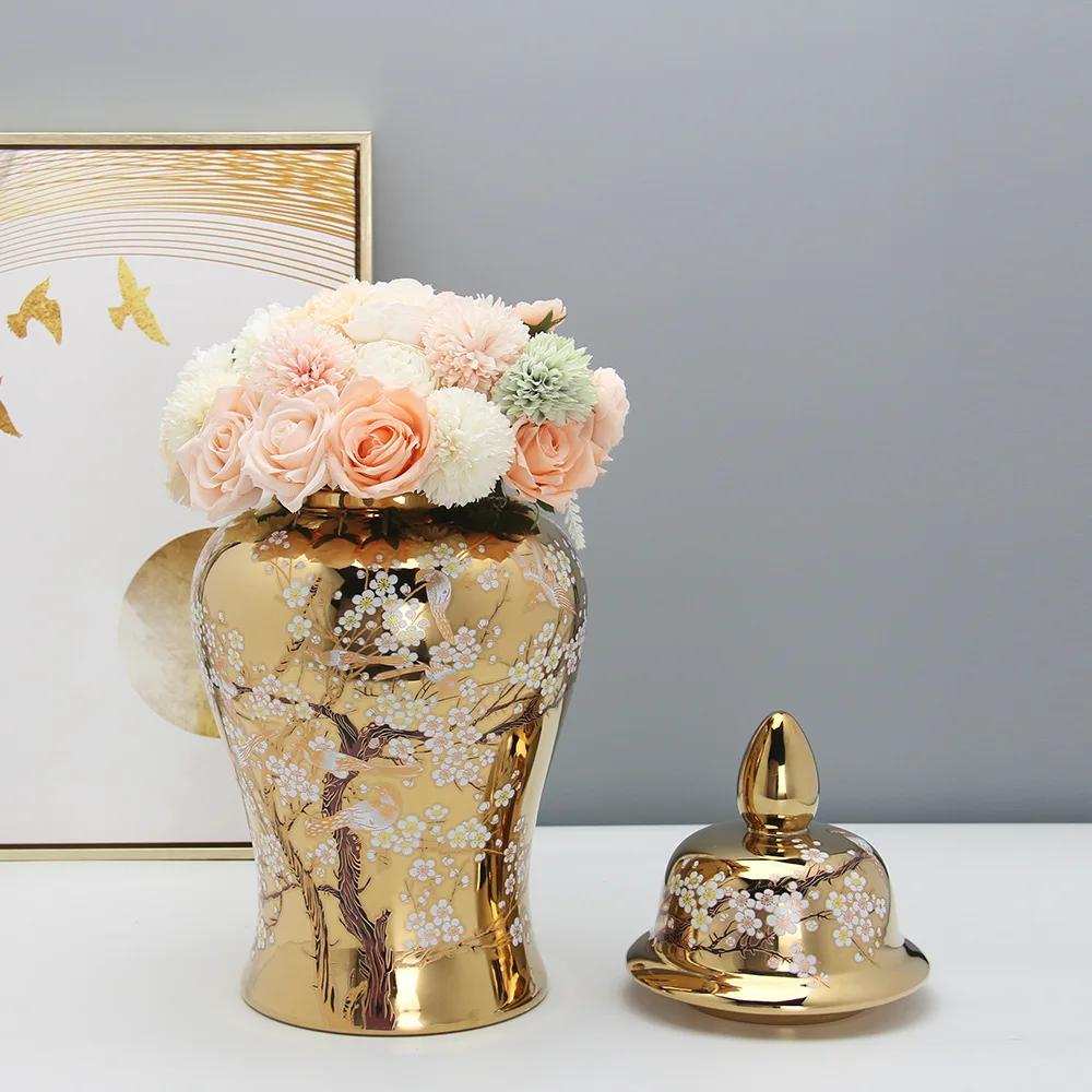 Modern Minimalist Gold-plated Ceramic General Jar Home Decoration Flower Arrangement Vase Flower and Bird Crafts Ornament