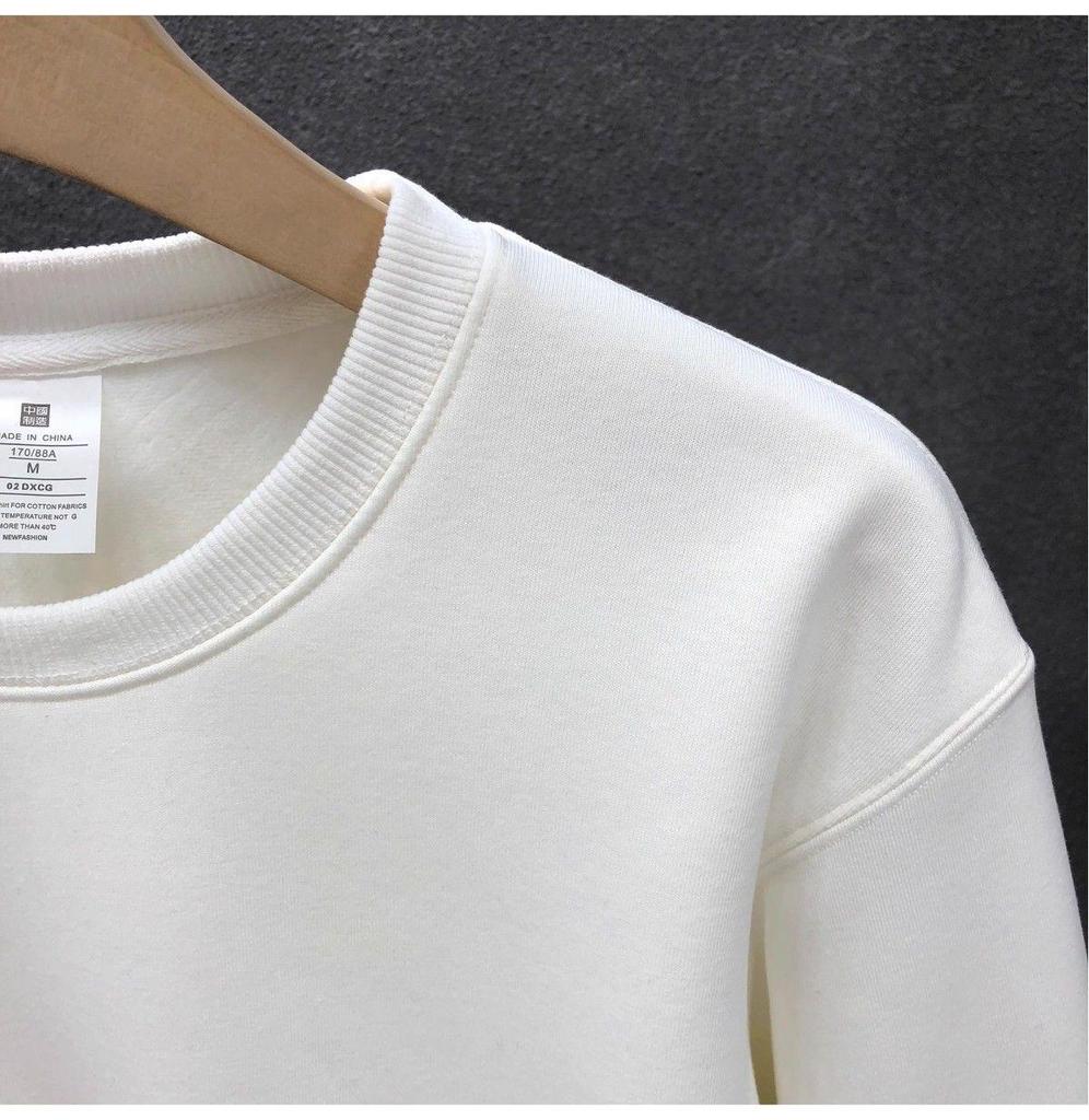 Men's Winter Fleece-Lined White Sweatshirt: Simple Solid Color, Round Neck, Long Sleeve, No Hood, Perfect for Spring and Autumn.