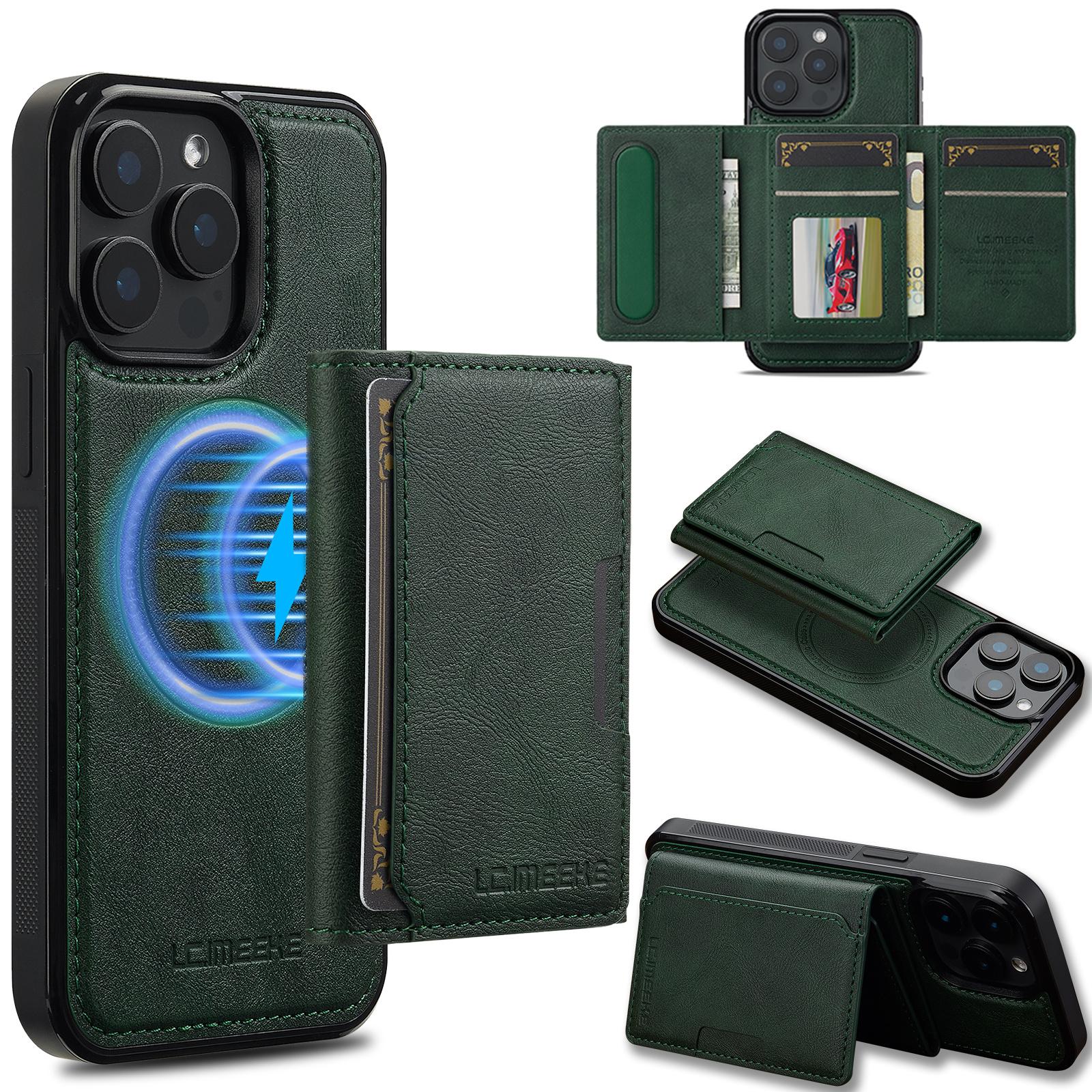 

For iPhone 15 Pro Magnetic Phone Case Leather Back Cover with Detachable Card Holder Green
