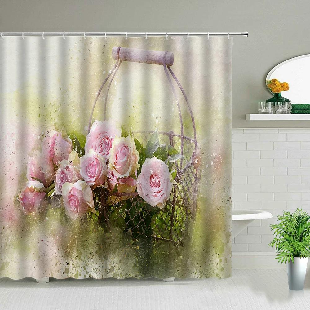 Plant Series Shower Curtains Bathroom Waterproof Polyester Cloth Curtain Set Flowers Print Screens For Bathtub Decor With Hooks