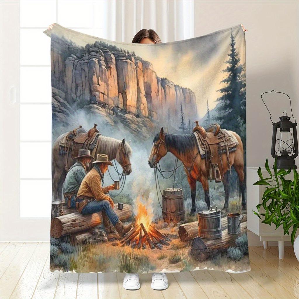 Custom Western Cowboy Camping Blanket Personalized Horse Landscape Fleece Throw All Season Soft Warm Bedding Home Decor Gift