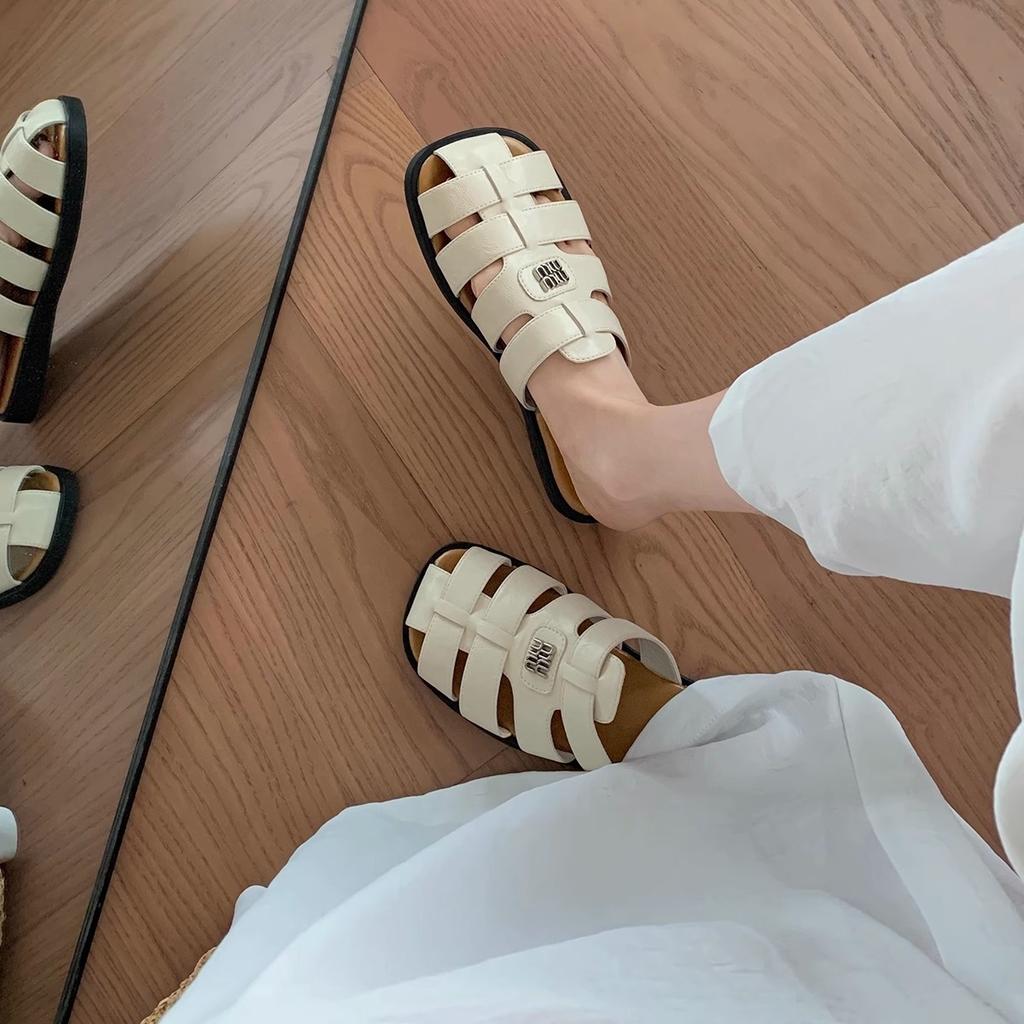 Cowhide version~ silver woven leather soft bottom half slippers women's summer hollow bag head Muller slippers French cool slippers