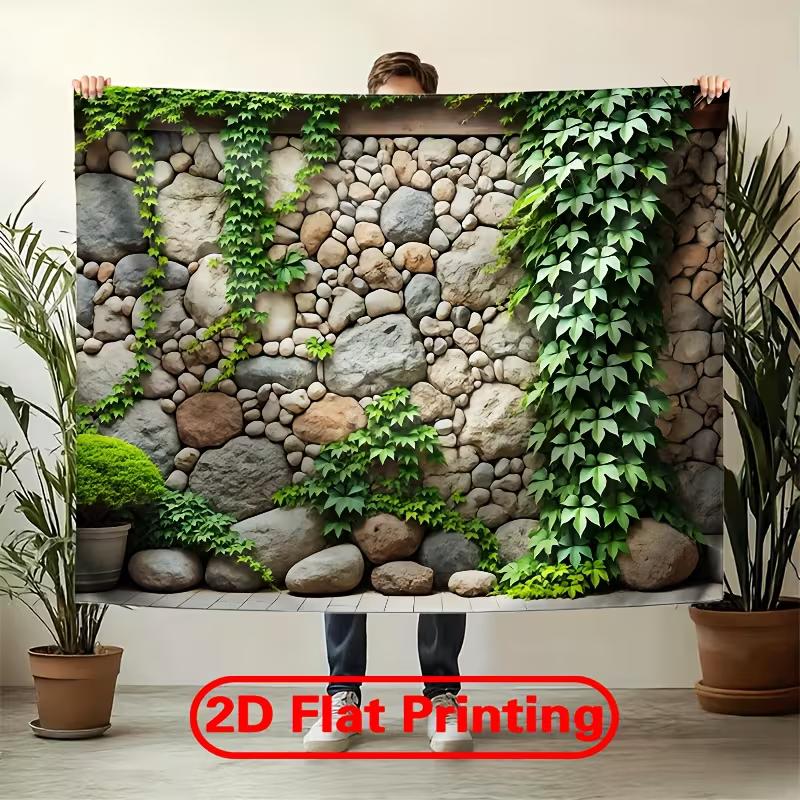 Rustic Cobblestone Wall Tapestry, Green Ivy Vines On Natural Rock Wall Hanging for Patio and Balcony