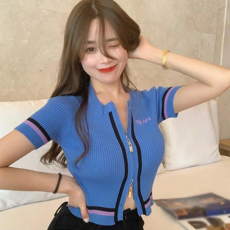 

Летняя женская футболка модная с круглым вырезом на молнии, сексуальные повседневные трикотажные топы с открытыми пупками и короткими рукавами