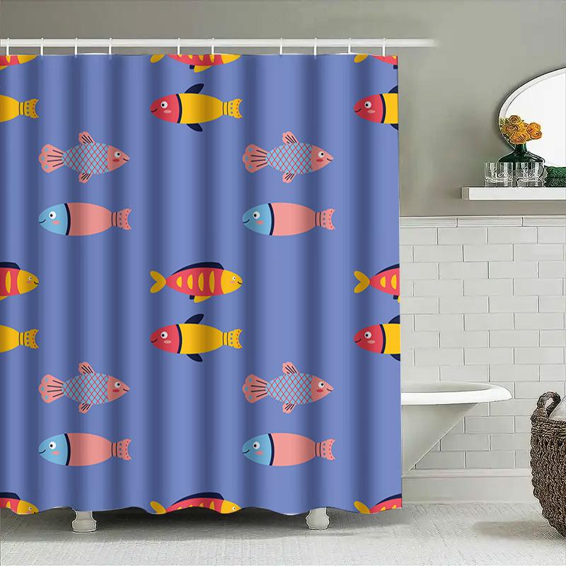 Blue Ocean Pattern Kids Cartoon Shower Curtain Creative Design For Bathroom Decoration 3D Printing Waterproof Fabric With Rings